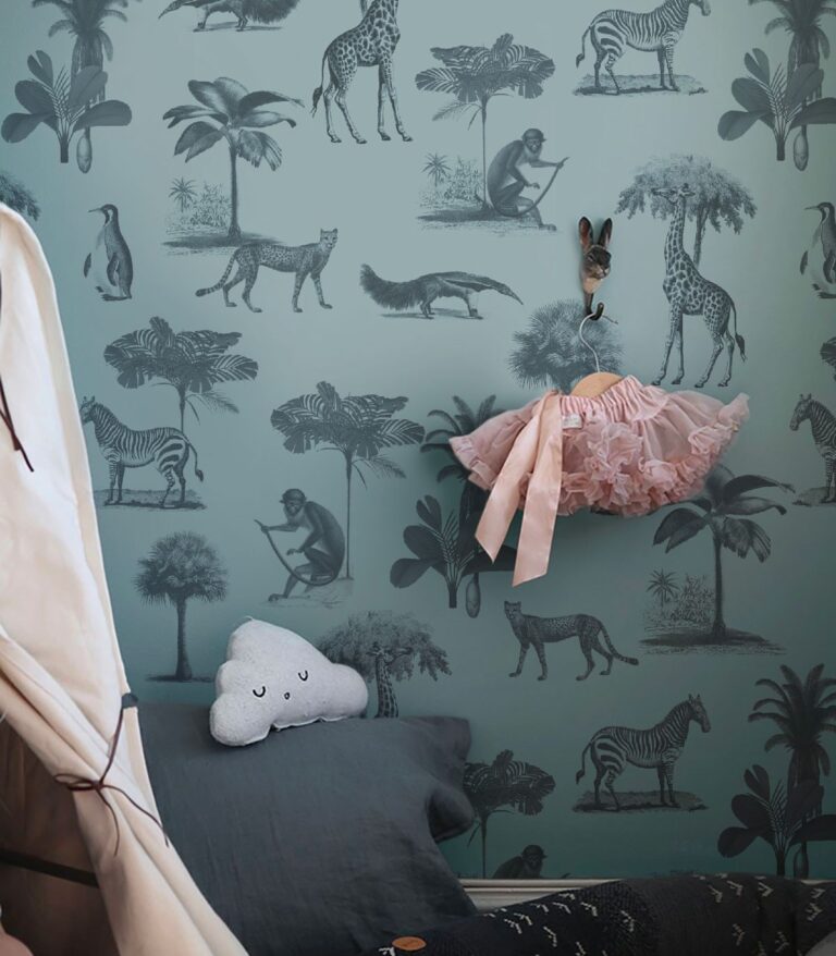 tapeta-vintage-animals-dark-mint